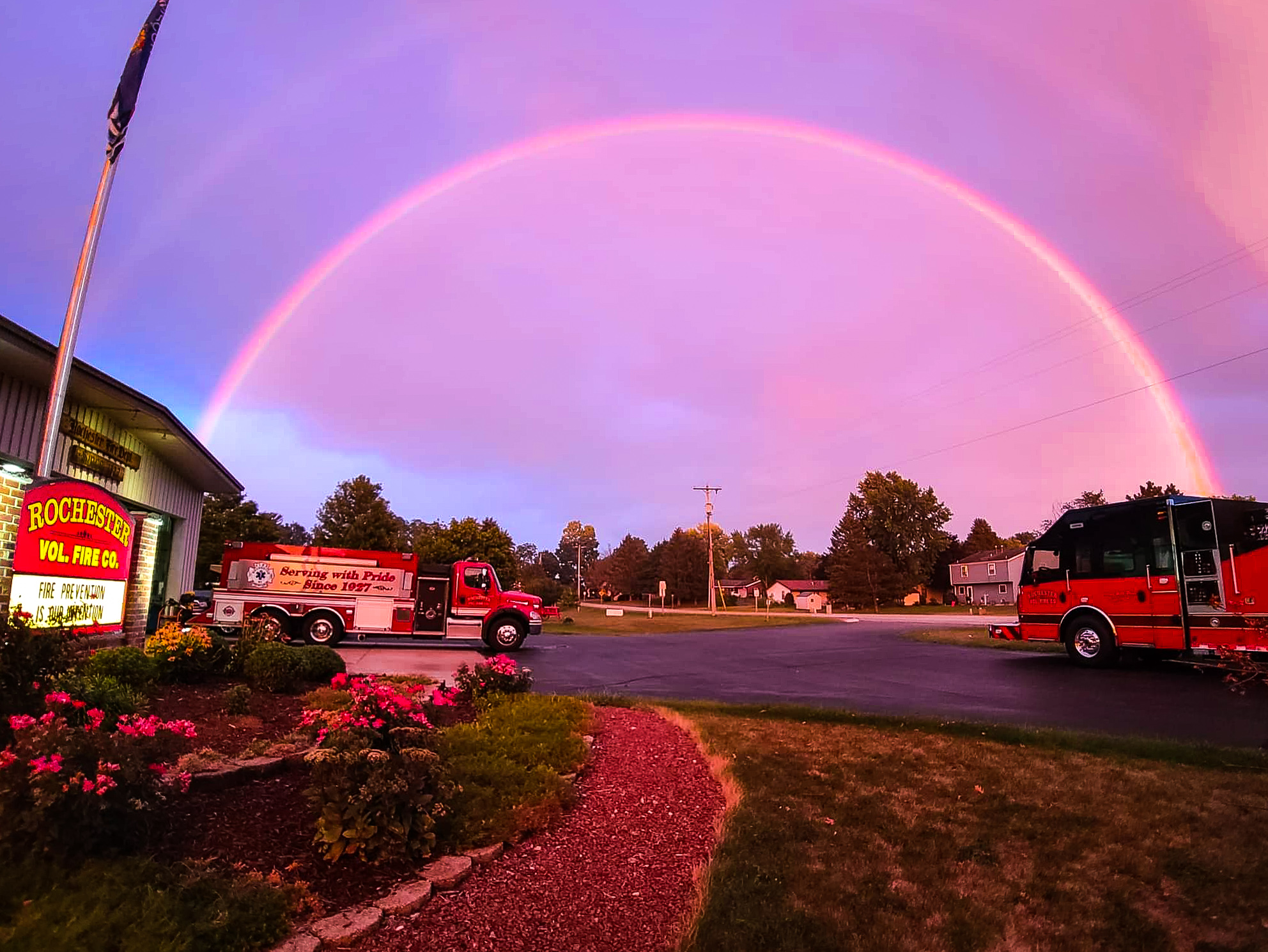 Rainbow over Rochester Volunteer Fire Company apparatus and station